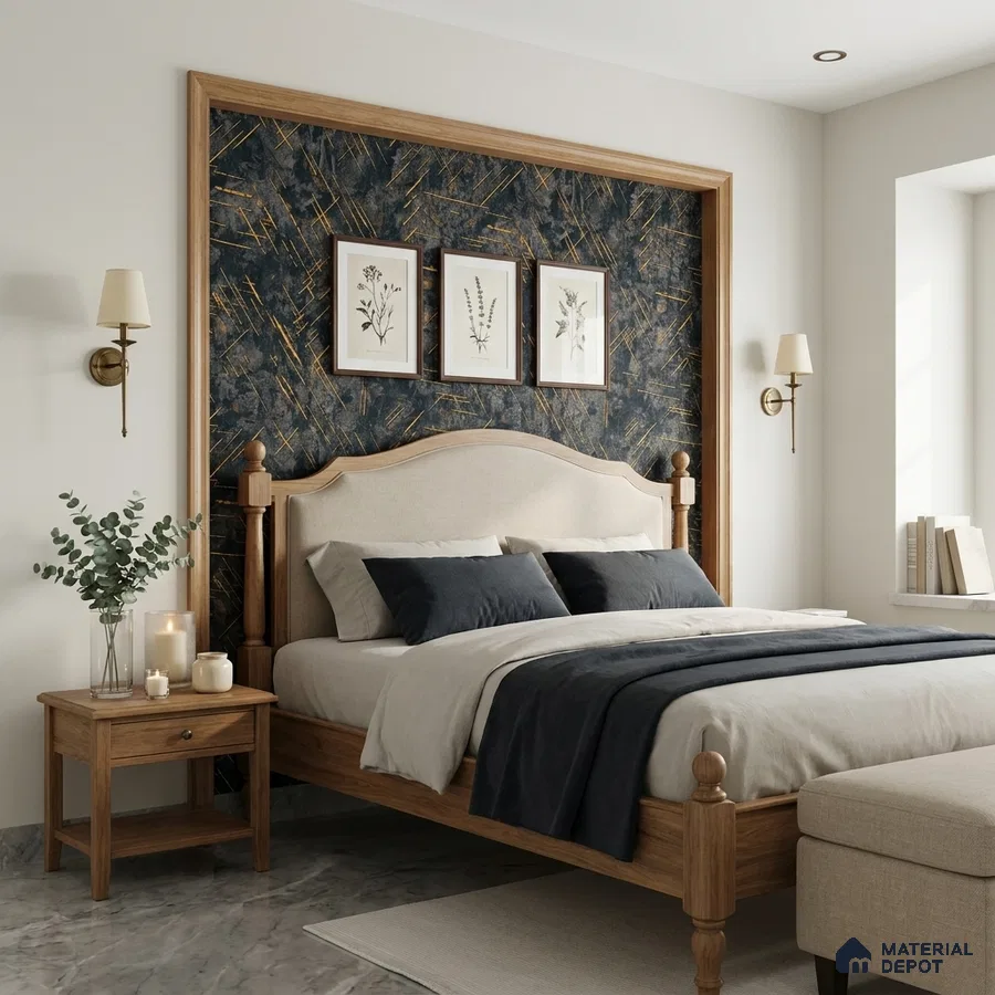 Modern bedroom with oak wood bed, abstract navy and gold wallpaper accent wall, and marble floor tile