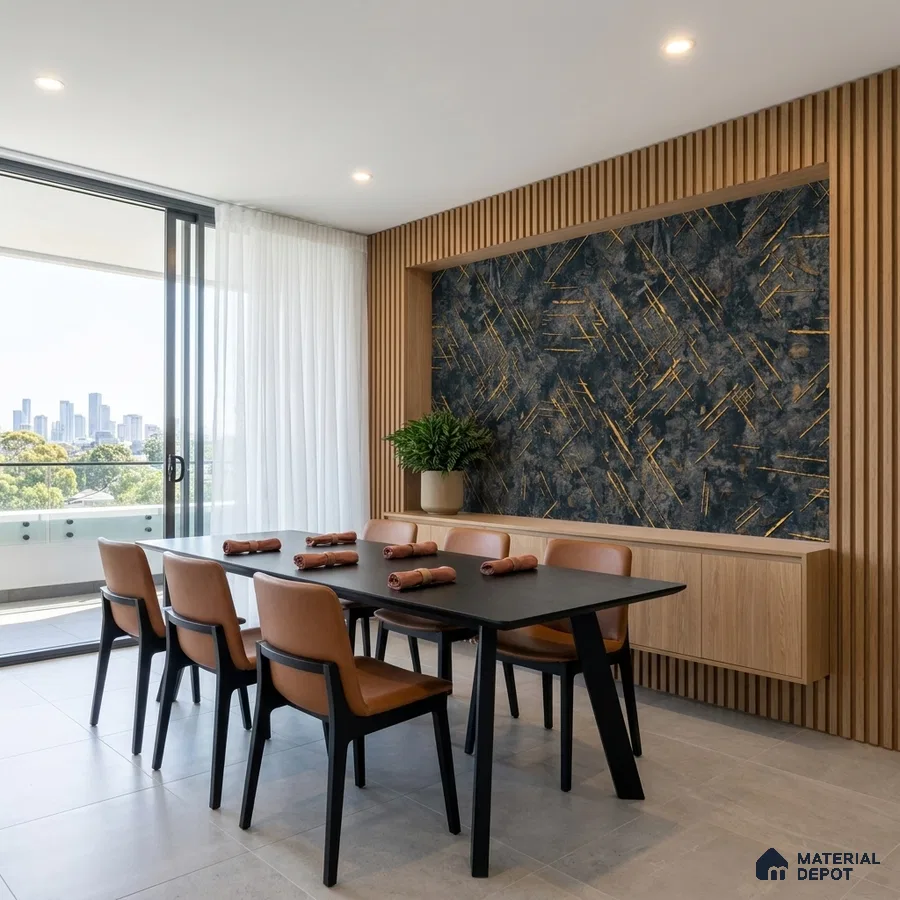 Modern dining room with oak wood louvers, geometric wallpaper, and matte black dining table