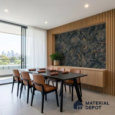 Modern dining room with oak wood louvers, geometric wallpaper, and matte black dining table