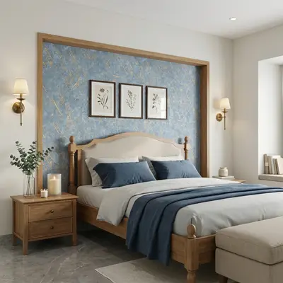 Scandinavian bedroom with blue abstract wallpaper accent and natural oak wood bed