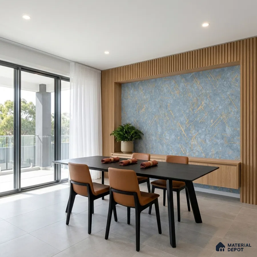 Modern dining room with blue and gold abstract wallpaper, oak wood fluted wall panels, and large format grey floor tiles