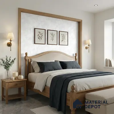Scandinavian bedroom with natural oak wood bed, textured white accent wall, and marble floor tile