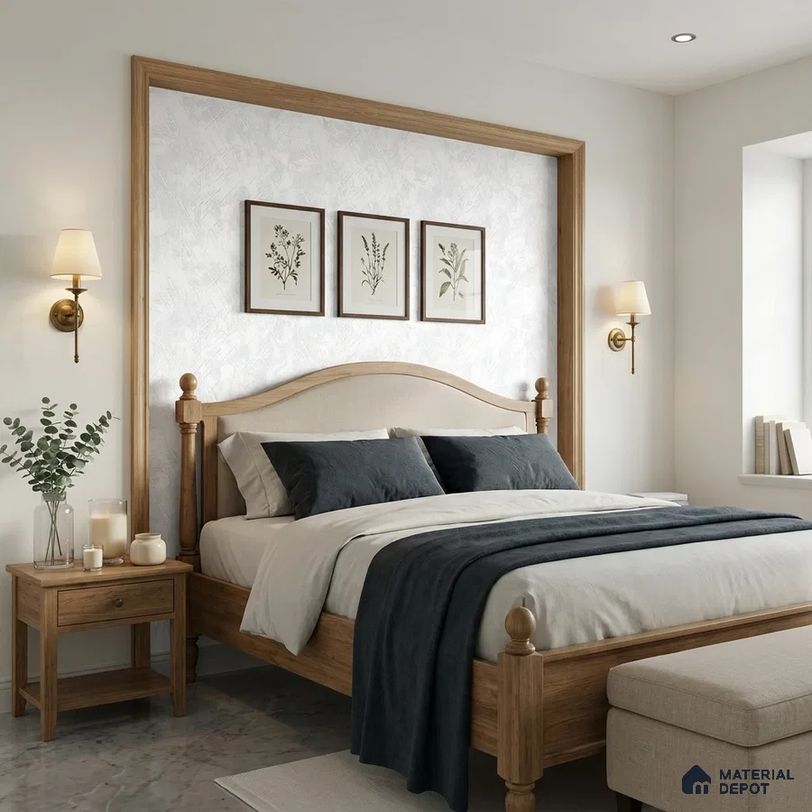 Scandinavian bedroom with natural oak wood bed, textured white accent wall, and marble floor tile