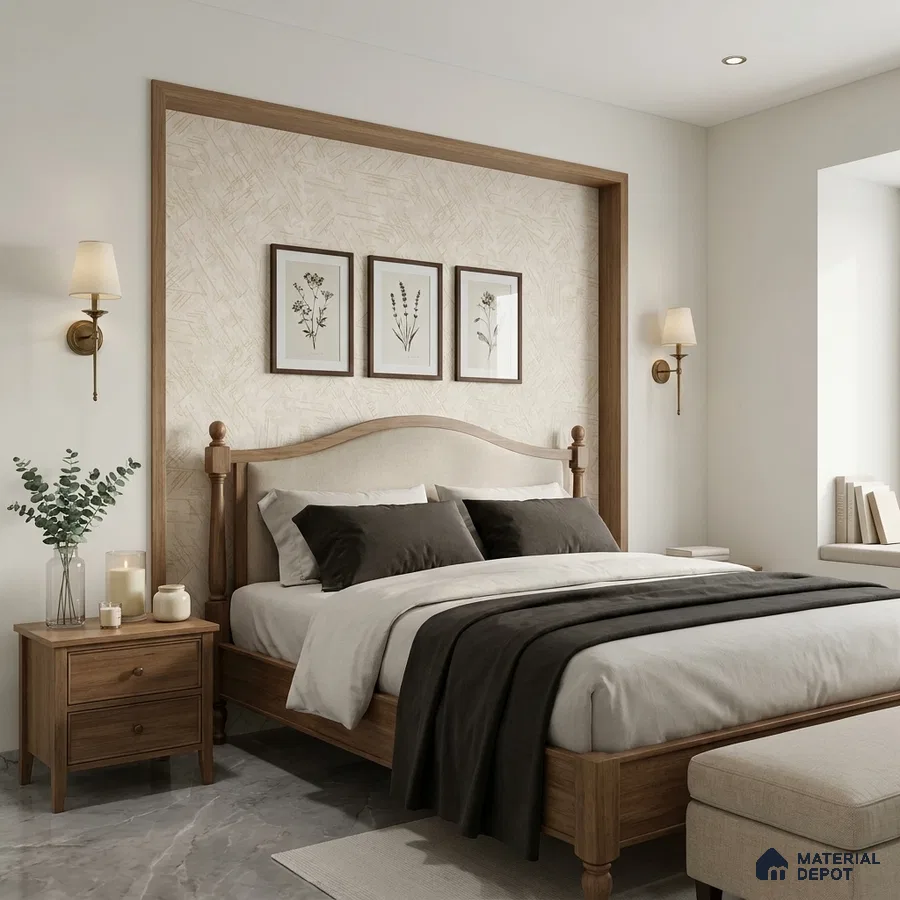 Scandinavian bedroom with natural oak wood bed, beige textured wallpaper, and marble floor tile