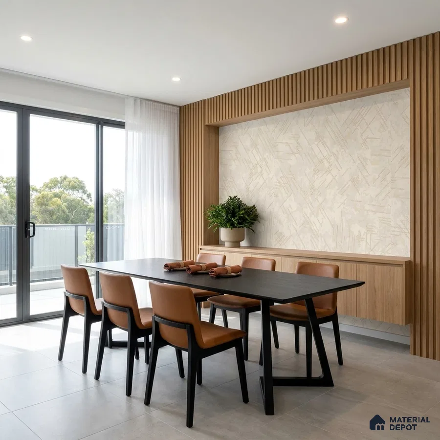 Scandinavian dining room with light oak fluted wall panels and beige abstract wallpaper