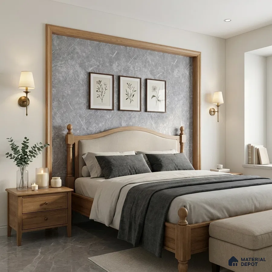 Scandinavian bedroom with natural wood bed, grey textured accent wall, and marble floor tile