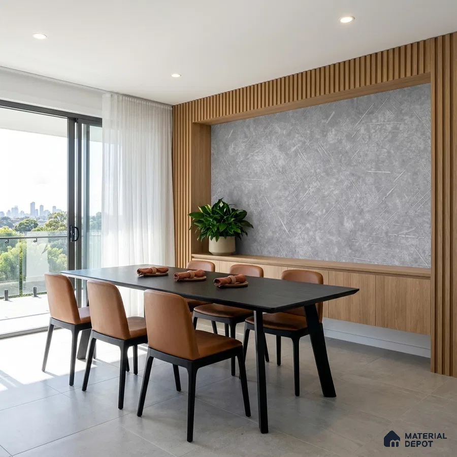 Scandinavian dining room with light oak fluted wall panels and grey textured wall finish