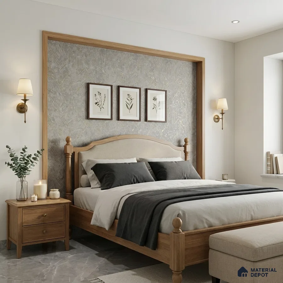 Scandinavian bedroom with natural oak bed, textured wallpaper accent wall, and marble floor tile