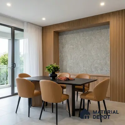 Modern dining room with light oak fluted wall panels and grey textured accent wall