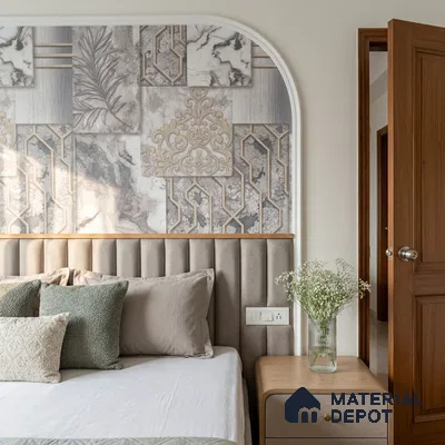 Art Deco bedroom with patterned wallpaper, fluted suede headboard, and light wood nightstand