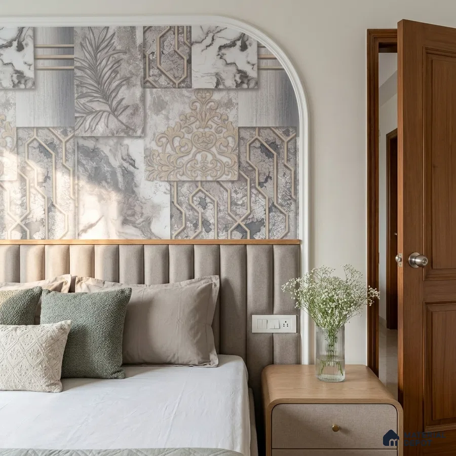 Art Deco bedroom with patterned wallpaper, fluted suede headboard, and light wood nightstand