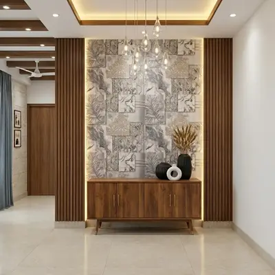 Modern foyer with patterned wallpaper, walnut wood laminate console, and vertical wooden louvers