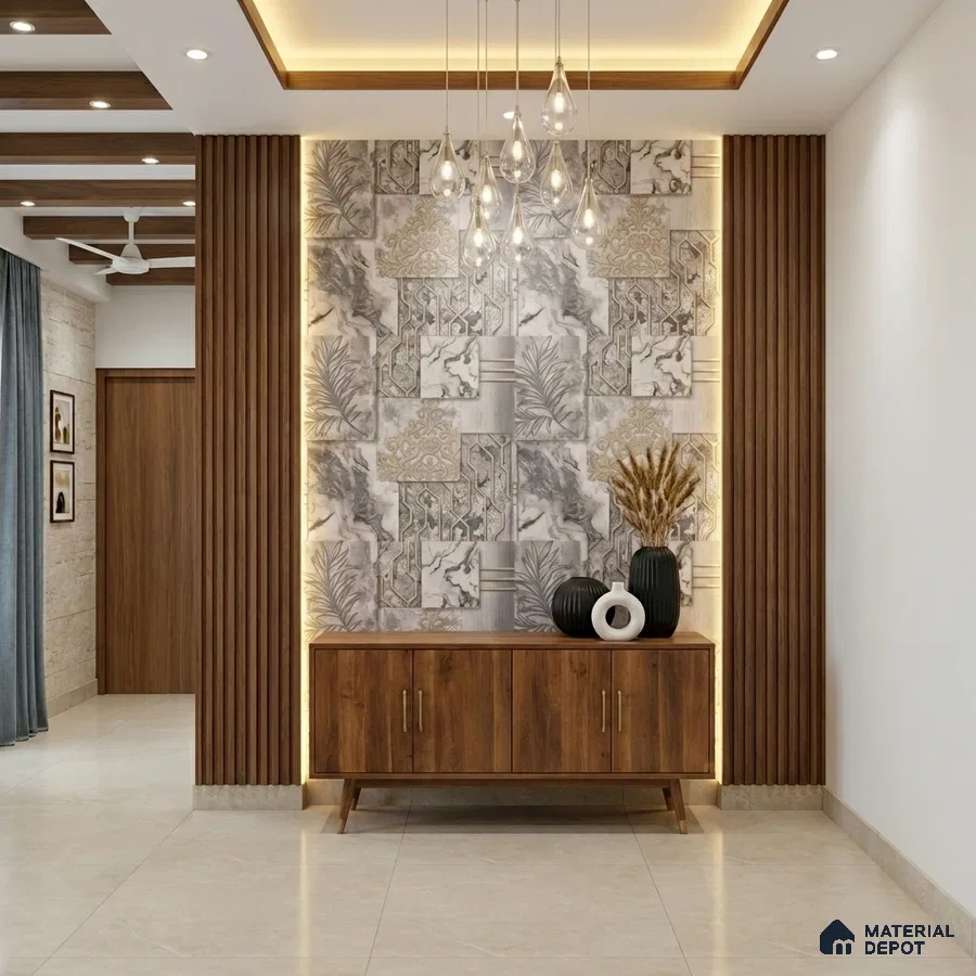 Modern foyer with patterned wallpaper, walnut wood laminate console, and vertical wooden louvers