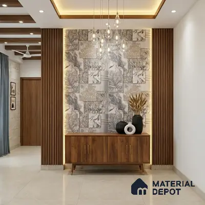 Modern foyer with patterned wallpaper, walnut wood laminate console, and vertical wooden louvers