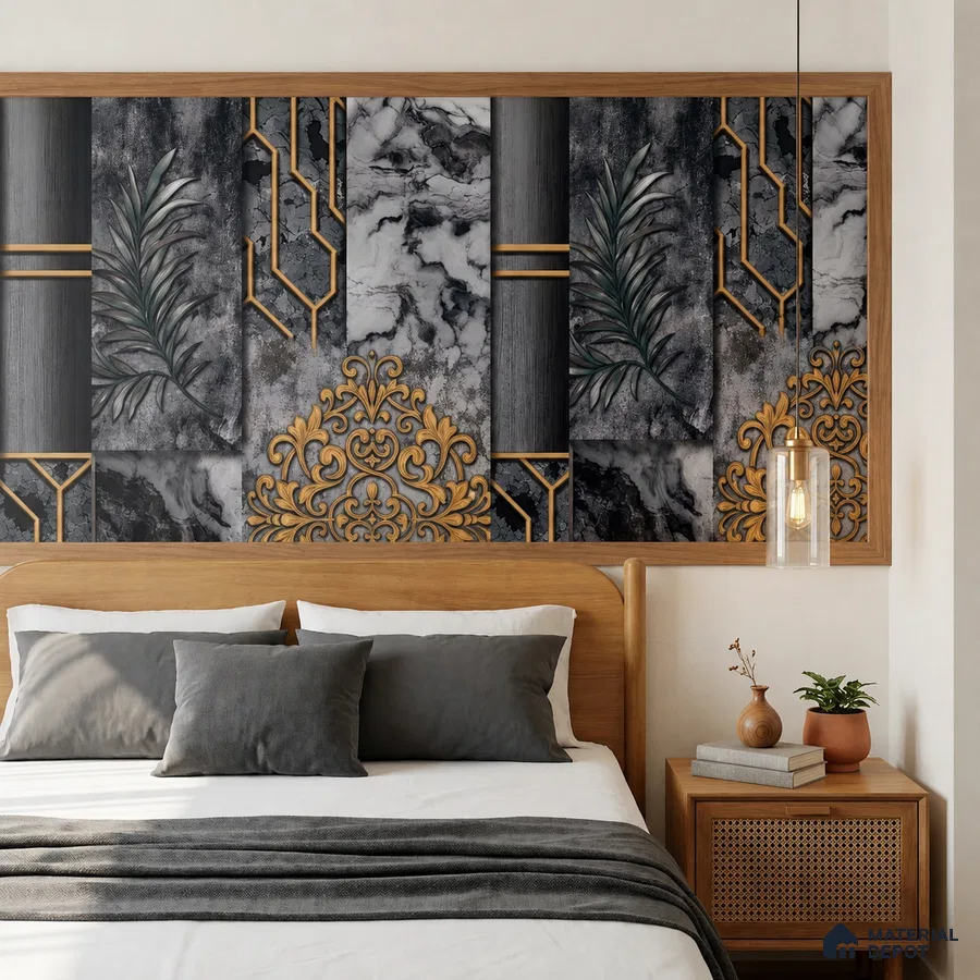 Art Deco bedroom with black marble look wall panel, gold decorative profiles, and natural wood bed