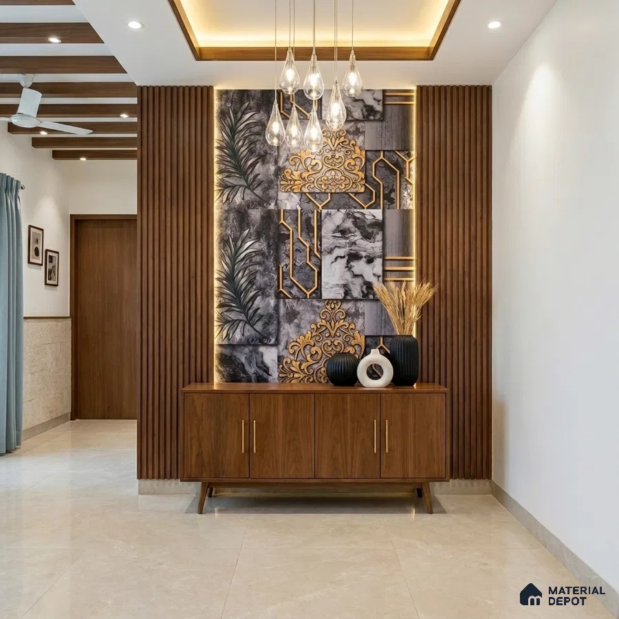 Modern foyer with walnut wood laminate, marble accent wall, and gold decorative profiles