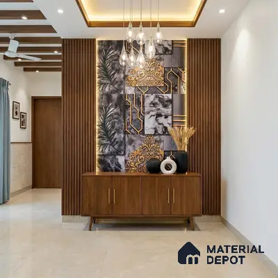 Modern foyer with walnut wood laminate, marble accent wall, and gold decorative profiles