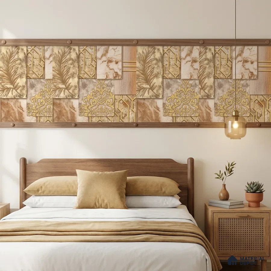Mid-century modern bedroom with patterned wallpaper accent and natural wood furniture