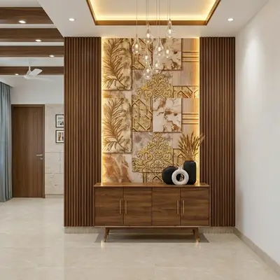 Modern foyer with walnut wood laminate console, backlit marble accent wall, and vertical wooden louvers
