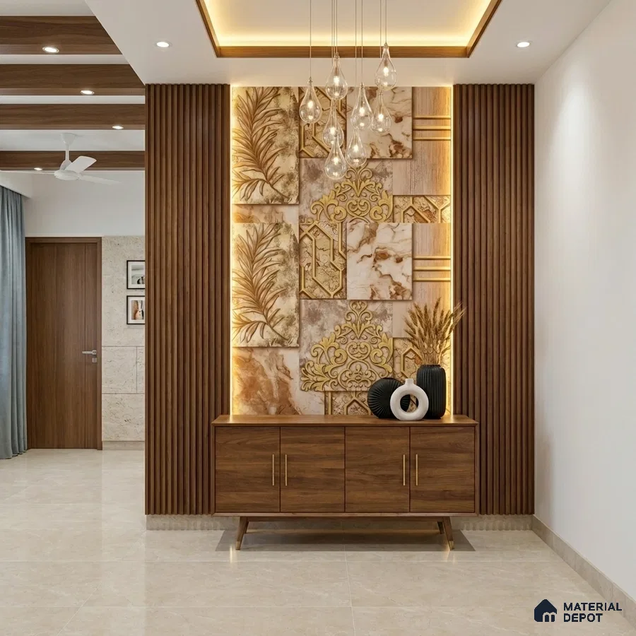 Modern foyer with walnut wood laminate console, backlit marble accent wall, and vertical wooden louvers