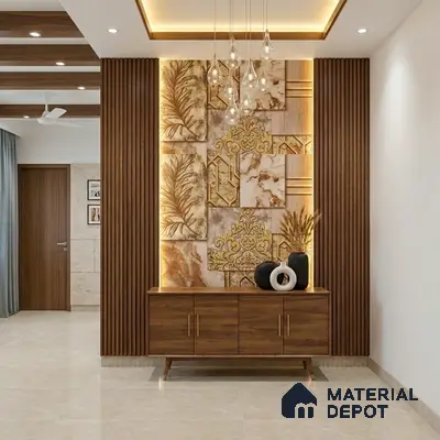 Modern foyer with walnut wood laminate console, backlit marble accent wall, and vertical wooden louvers