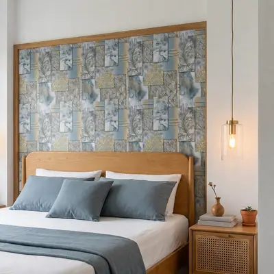 Scandinavian bedroom with geometric blue and gold wallpaper and natural oak bed