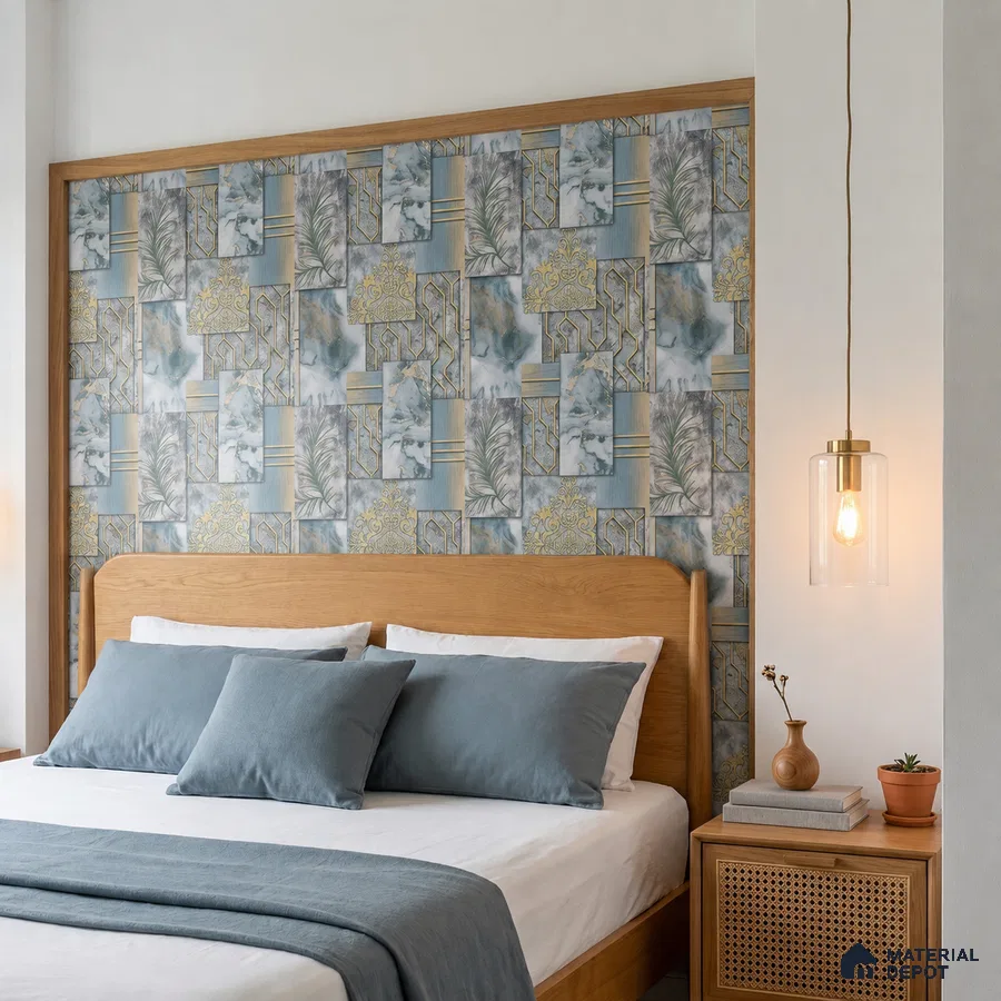 Scandinavian bedroom with geometric blue and gold wallpaper and natural oak bed