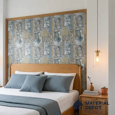 Scandinavian bedroom with geometric blue and gold wallpaper and natural oak bed