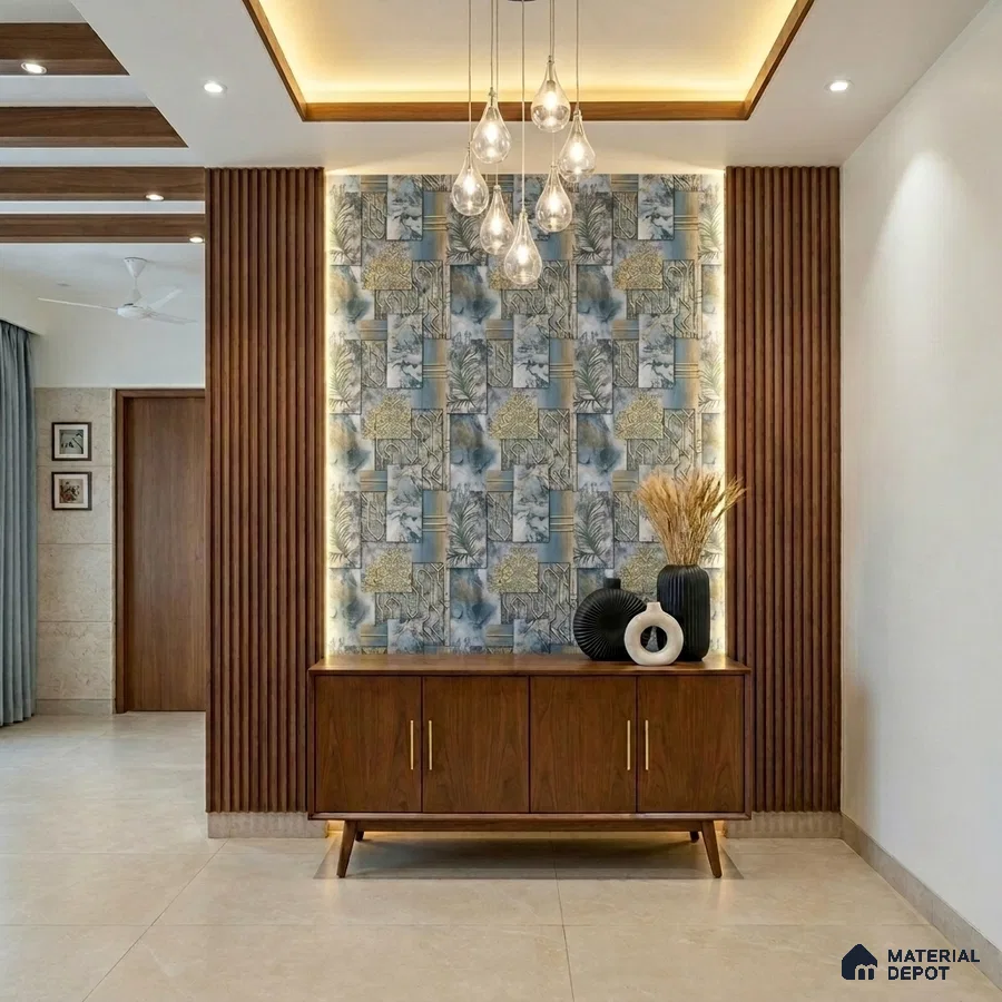Mid-century modern foyer with wooden fluted panels, patterned wallpaper, and beige floor tiles