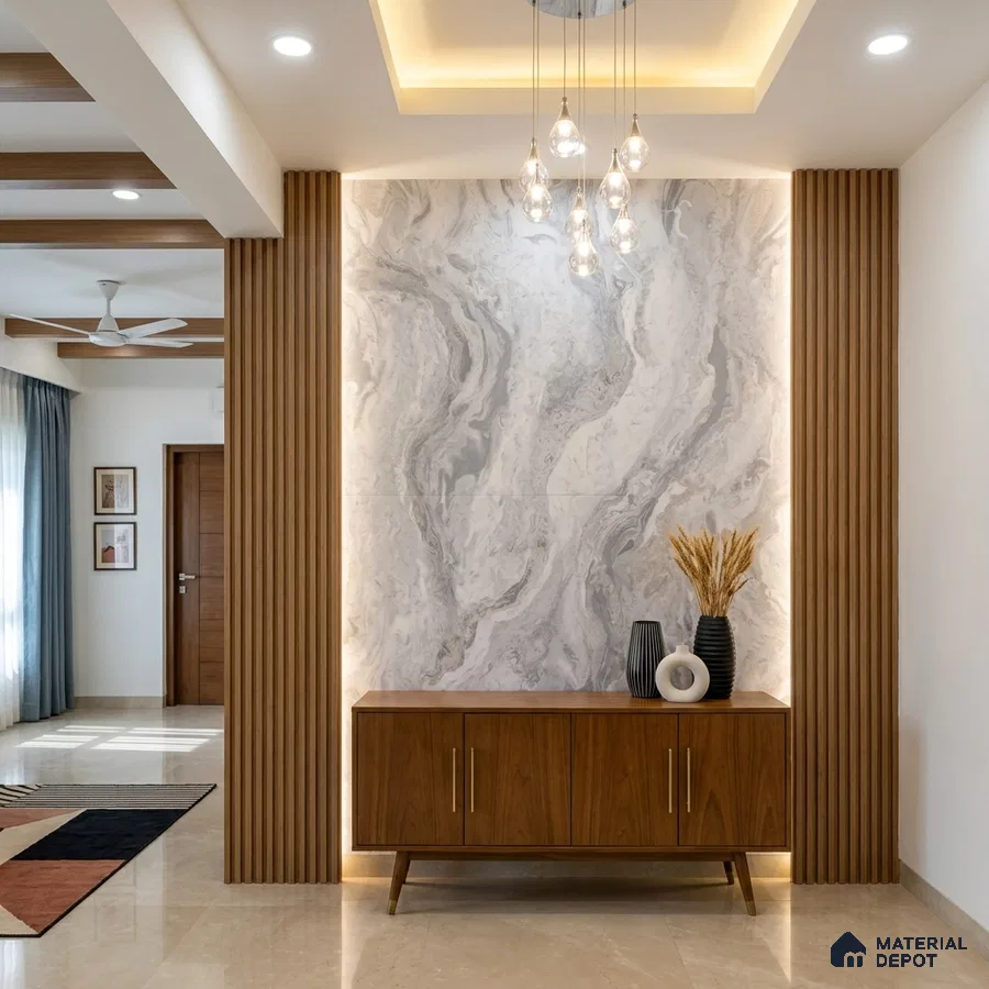 Modern foyer with grey marble accent wall, walnut wood louvers, and beige marble floor tile