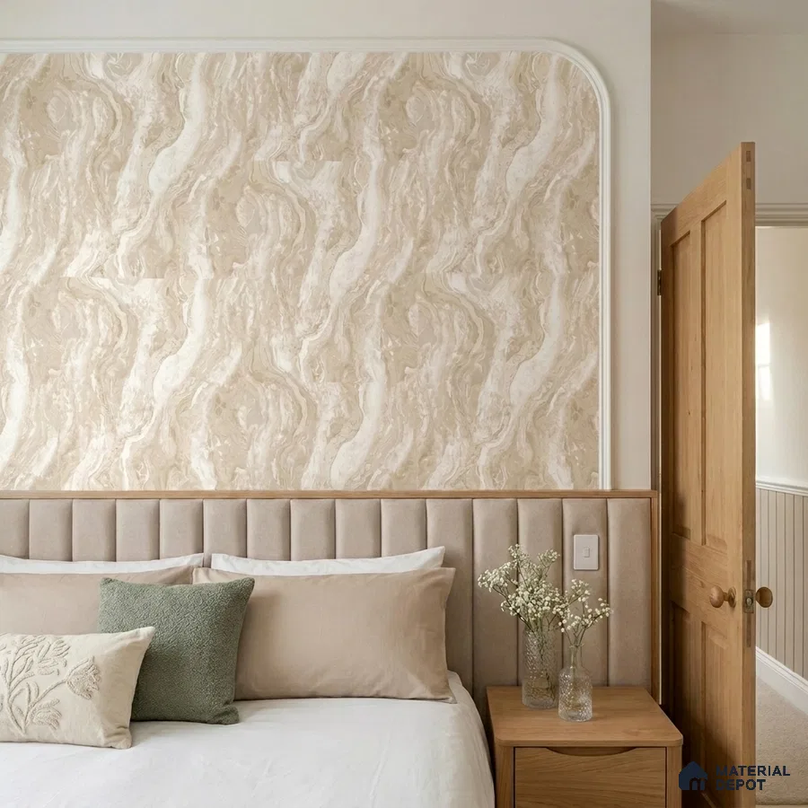Scandinavian bedroom with beige marble-look wallpaper and suede upholstered headboard