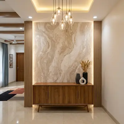 Modern foyer with beige marble accent wall, wooden laminate console, and fluted wood panels