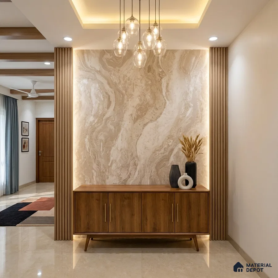 Modern foyer with beige marble accent wall, wooden laminate console, and fluted wood panels
