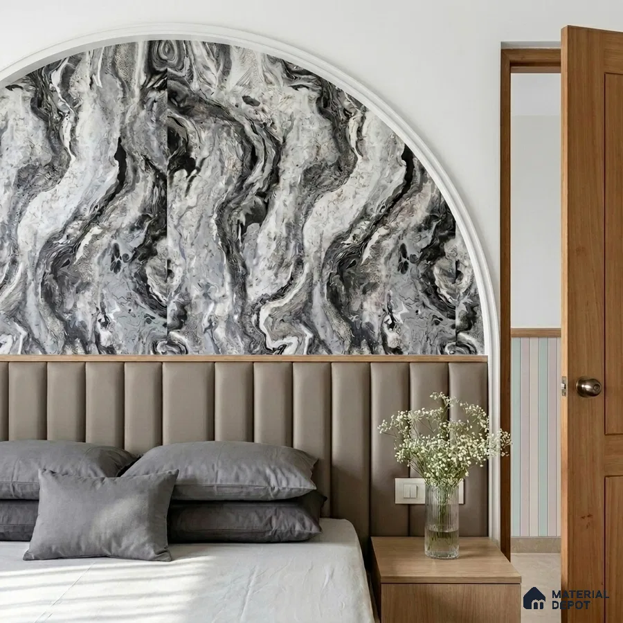Modern bedroom with marble-look abstract wallpaper and taupe suede upholstered headboard