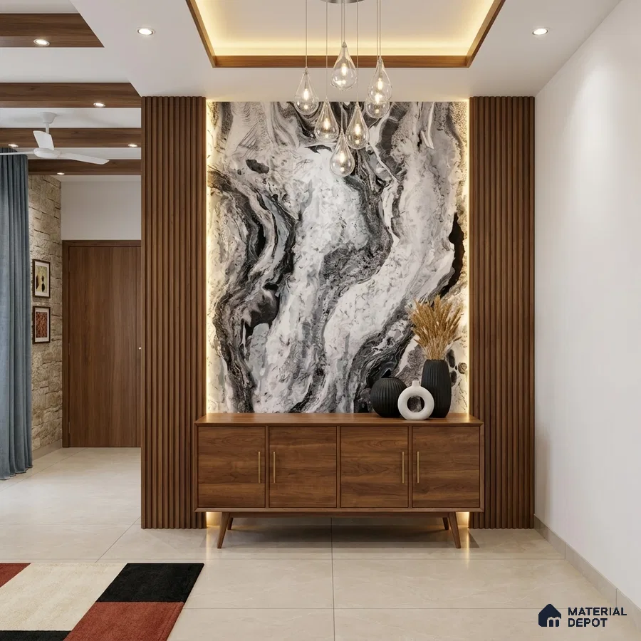 Modern foyer with walnut wood laminate console, marble-look accent wall, and fluted wood panels