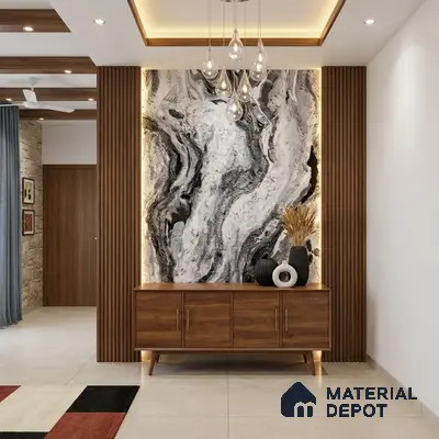 Modern foyer with walnut wood laminate console, marble-look accent wall, and fluted wood panels