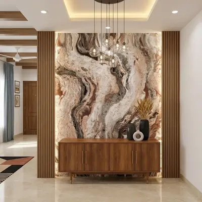 Modern foyer with marble accent wall, walnut wood console, and vertical wood louvers