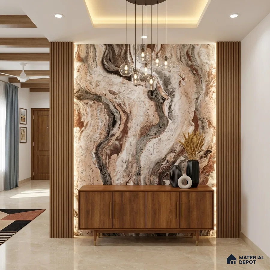 Modern foyer with marble accent wall, walnut wood console, and vertical wood louvers