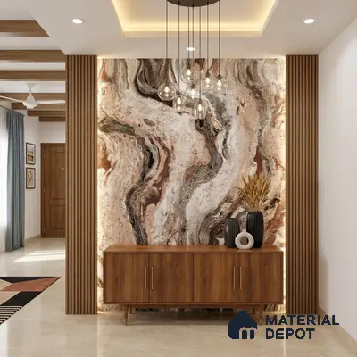 Modern foyer with marble accent wall, walnut wood console, and vertical wood louvers