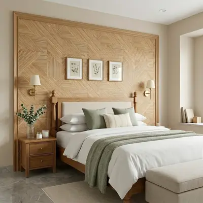 Scandinavian bedroom with geometric wood panel accent wall and marble floor tile