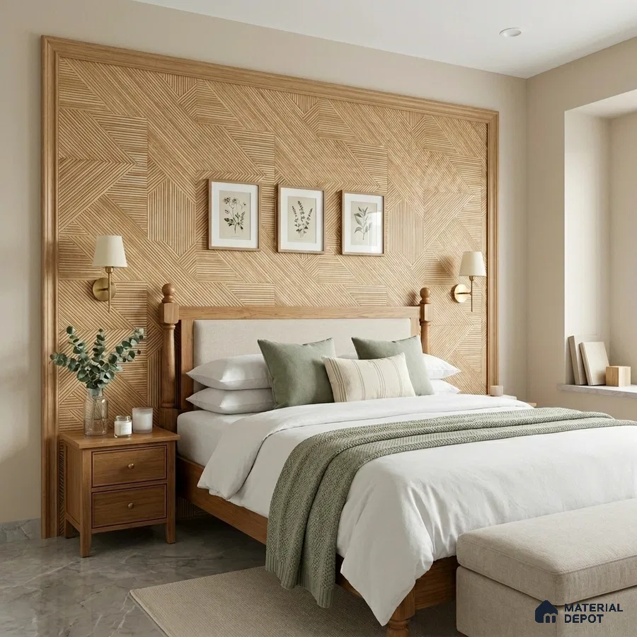 Scandinavian bedroom with geometric wood panel accent wall and marble floor tile