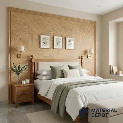 Scandinavian bedroom with geometric wood panel accent wall and marble floor tile