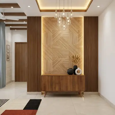 Modern foyer with geometric wooden wall panels, walnut brown laminate console, and beige marble floor tiles