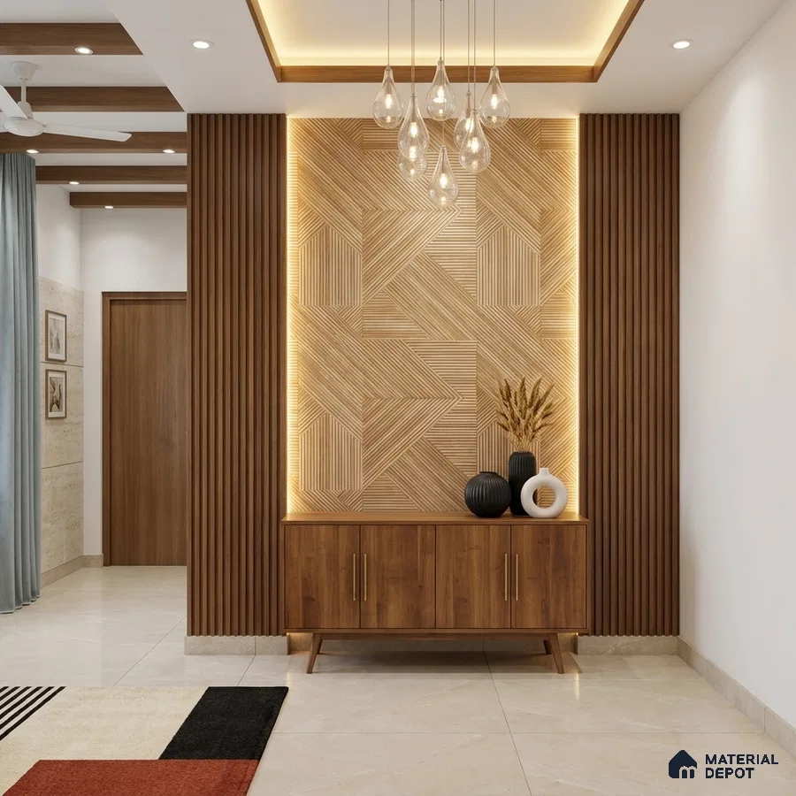 Modern foyer with geometric wooden wall panels, walnut brown laminate console, and beige marble floor tiles