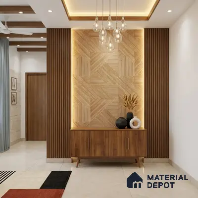 Modern foyer with geometric wooden wall panels, walnut brown laminate console, and beige marble floor tiles