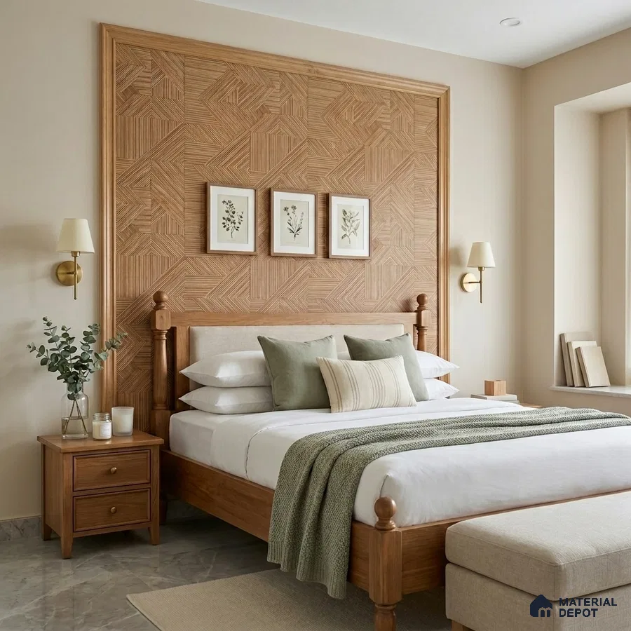 Scandinavian bedroom with geometric wood panel accent wall and beige marble flooring