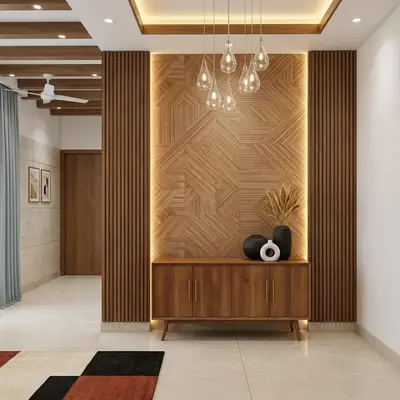 Modern foyer with walnut wood laminate, geometric wooden wall panels, and beige floor tiles