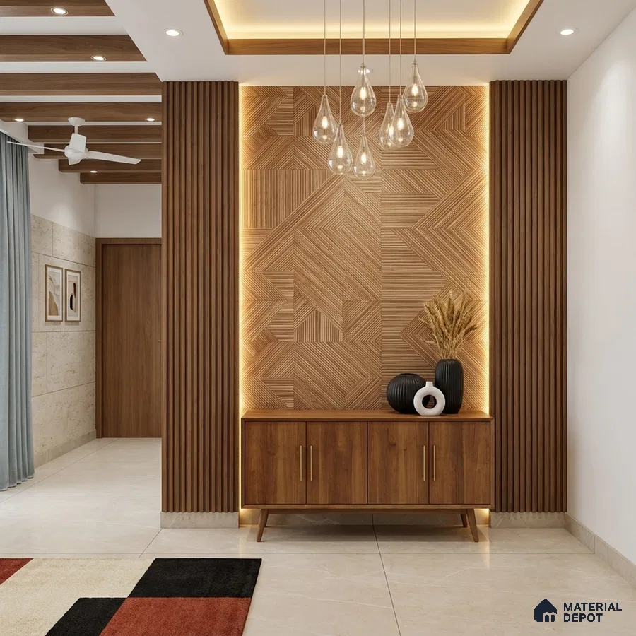 Modern foyer with walnut wood laminate, geometric wooden wall panels, and beige floor tiles