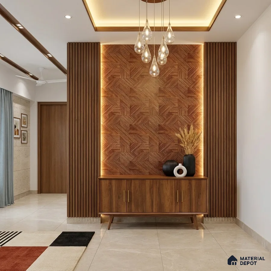 Modern foyer with walnut wood laminate, geometric wood panel, and beige marble floor tile