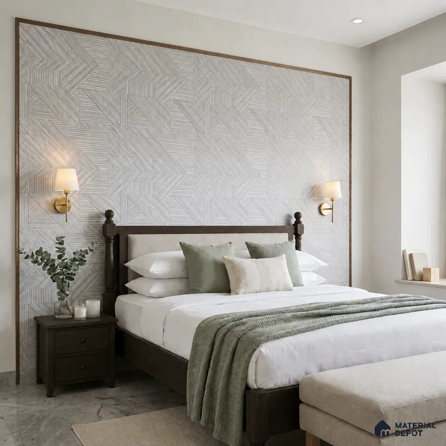 Scandinavian bedroom with geometric textured wallpaper, dark wood bed, and marble floor tile